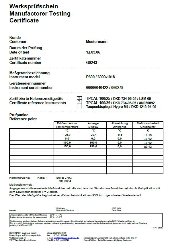 ISO-Werkszertifikat für 1 Temperaturprüfpunkt zwischen -20°C...+200°C